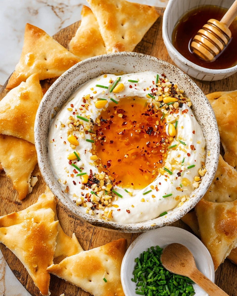 The image shows a white speckled bowl filled with a creamy white spread, topped with a glossy orange honey pool in the center. The honey is garnished with small green chives, yellow pine nuts, and a sprinkle of black pepper and red chili flakes. Around the bowl, there are several triangular golden crackers, some dipped into the spread. Near the bowl, there is a small white bowl with green chopped chives and another white bowl filled with honey and a wooden honey dipper resting inside. The items are placed on a wooden surface changed to a white marbled texture. Photo taken with an iphone --ar 4:5 --v 7