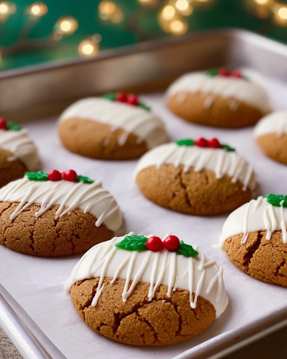 The image shows several round ginger cookies with a cracked surface, placed on white parchment over a white marbled background. Each cookie is dipped halfway in smooth white icing with a shiny texture, topped with a drizzle of white icing forming thin, uneven zigzag lines. On the edge of the iced part of each cookie, there is a small decoration of green holly leaves with bright red berries. The cookies are spaced evenly, showing their golden-brown color and detailed texture. photo taken with an iphone --ar 4:5 --v 7