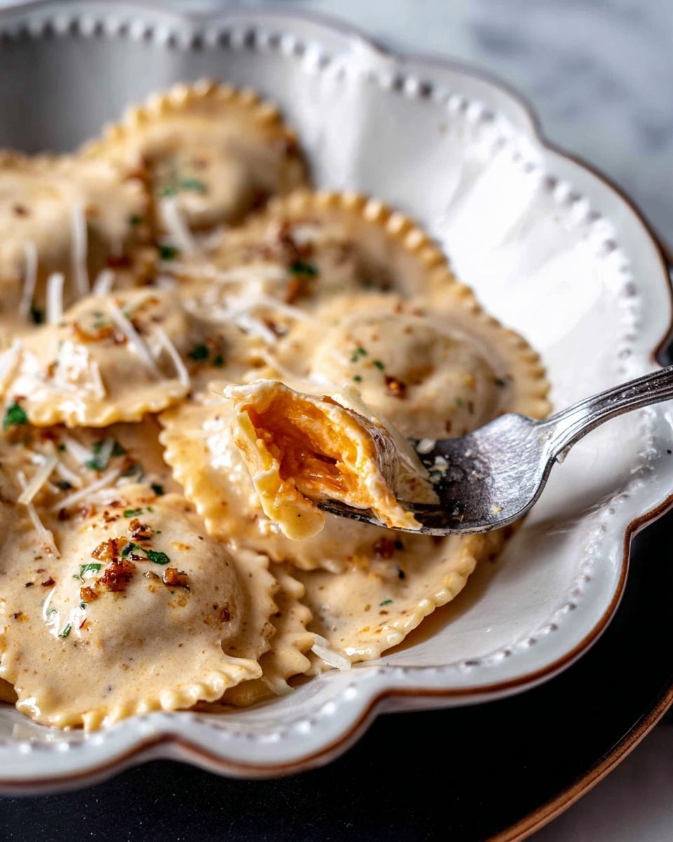 A white scalloped plate filled with a single layer of round ravioli covered by thick creamy white sauce, sprinkled lightly with red chili flakes and small green herb leaves on top for garnish. A black fork is resting diagonally inside the plate on the right side. The plate is placed on a larger black round plate, and both rest on a white marbled surface with a checkered cloth visible on the left edge. A sprig of fresh rosemary lies next to the fork near the top left edge of the ravioli. photo taken with an iphone --ar 4:5 --v 7