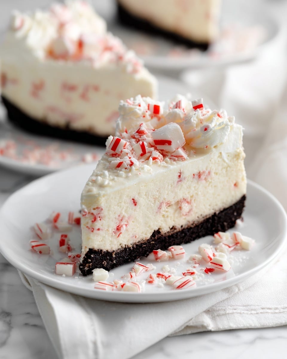 A slice of peppermint cheesecake with three visible layers sits on a white plate over a folded white cloth. The bottom layer is a dark chocolate cookie crust, firm and crumbly. Above it is a thick creamy cheesecake layer with small red and white peppermint pieces mixed inside. The top layer is light and fluffy white whipped cream, decorated with small white chocolate shavings and larger whole and crushed red and white peppermint candies. Additional peppermint pieces are scattered around the plate. In the background, blurred slices of the same cheesecake sit on white plates on a white marbled surface. photo taken with an iphone --ar 4:5 --v 7