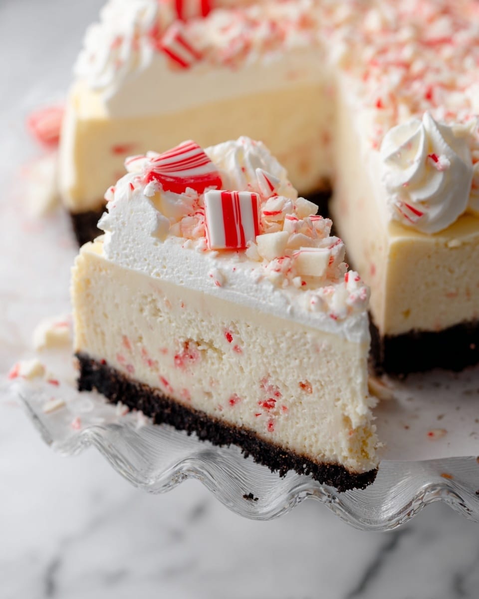 A close-up of a slice of peppermint cheesecake showing three layers: at the bottom, a dark brown crumbly crust; in the middle, a creamy off-white cheesecake layer with small red peppermint bits; topped with a thick, fluffy white whipped cream layer. The top of the slice is decorated with whole red and white striped peppermint candies and small white chocolate shavings. The slice is on a clear glass cake server with wavy edges, sitting on a white marbled surface, with the rest of the cheesecake visible in the background. Photo taken with an iphone --ar 4:5 --v 7
