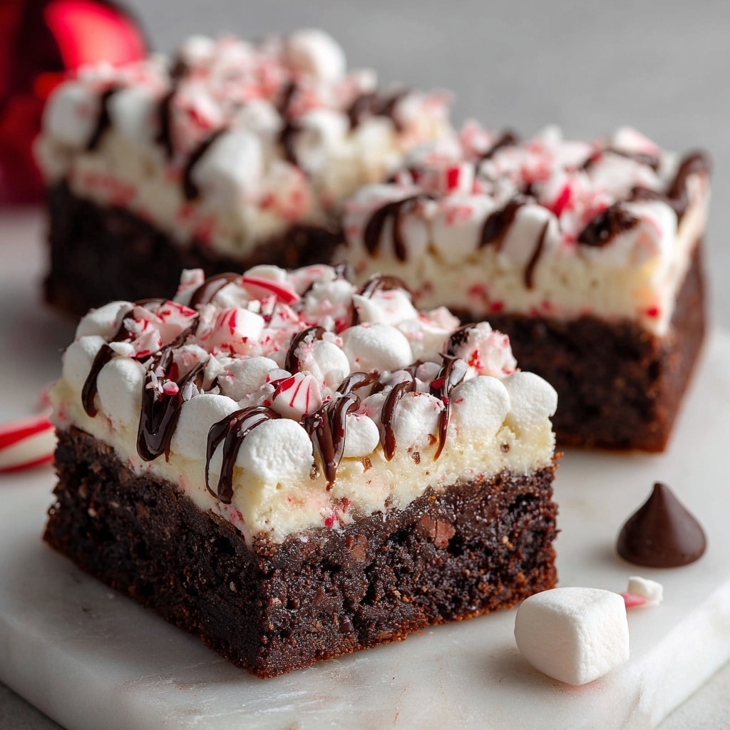 A close-up view of a square chocolate dessert with three visible layers on a white marbled surface: the bottom layer is a dense, dark brown, textured chocolate base; the middle layer is a slightly lighter, smoother chocolate filling; the top layer is thick white cream with small white marshmallows and bits of red-and-white peppermint candy sprinkled on it, all drizzled with thin lines of dark chocolate sauce. In the foreground, there are scattered pieces of peppermint candy, a single white marshmallow, and two chocolate drops. The background is softly blurred with hints of red color. photo taken with an iphone --ar 4:5 --v 7