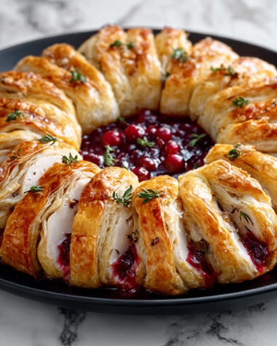 The image shows a round wreath-shaped dish with golden-brown puff pastry twisted into thick, flaky layers that form a ring. Inside the rings are slices of white chicken that look tender and moist. There are also visible layers of red fruit filling or sauce, possibly cranberry, that add a bright contrast in the middle and between the folds. Small green herbs are sprinkled on top of the pastry for decoration. The dish is placed on a black plate over a white marbled surface. Photo taken with an iphone --ar 4:5 --v 7