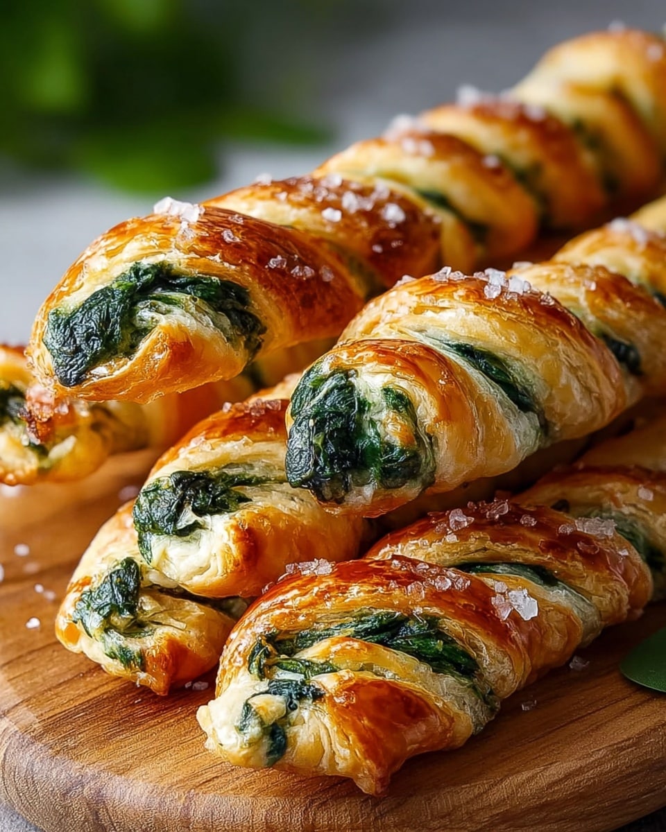 The image shows a white wooden board on a white marbled texture surface, holding six golden-brown puff pastries in a neat row. Each pastry has a shiny, flaky top layer with a braided pattern, filled with creamy white cheese and dark green spinach that peeks out from the ends. Small flakes of salt and bits of chopped green herbs are sprinkled on the pastries' tops. In the background, there is a clear glass bowl with more green herbs, and more pastries are slightly out of focus behind the bowl. The light highlights the pastries’ crisp texture, making them look warm and fresh. photo taken with an iphone --ar 4:5 --v 7