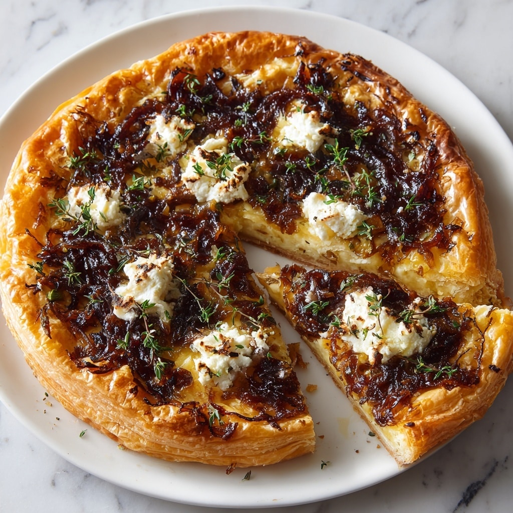 A single tart with a golden, flaky puff pastry base that is thick and crisp. On top, there is a layer of glossy, caramelized onions, deep amber and slightly translucent, giving a rich texture. Scattered on the onions are soft white chunks of goat cheese with a slightly browned and creamy surface. Small sprigs of fresh green herbs, likely thyme, are delicately placed on top, adding a fresh contrast. The tart sits on a white plate over a white marbled surface, with soft natural lighting highlighting the textures. photo taken with an iphone --ar 4:5 --v 7
