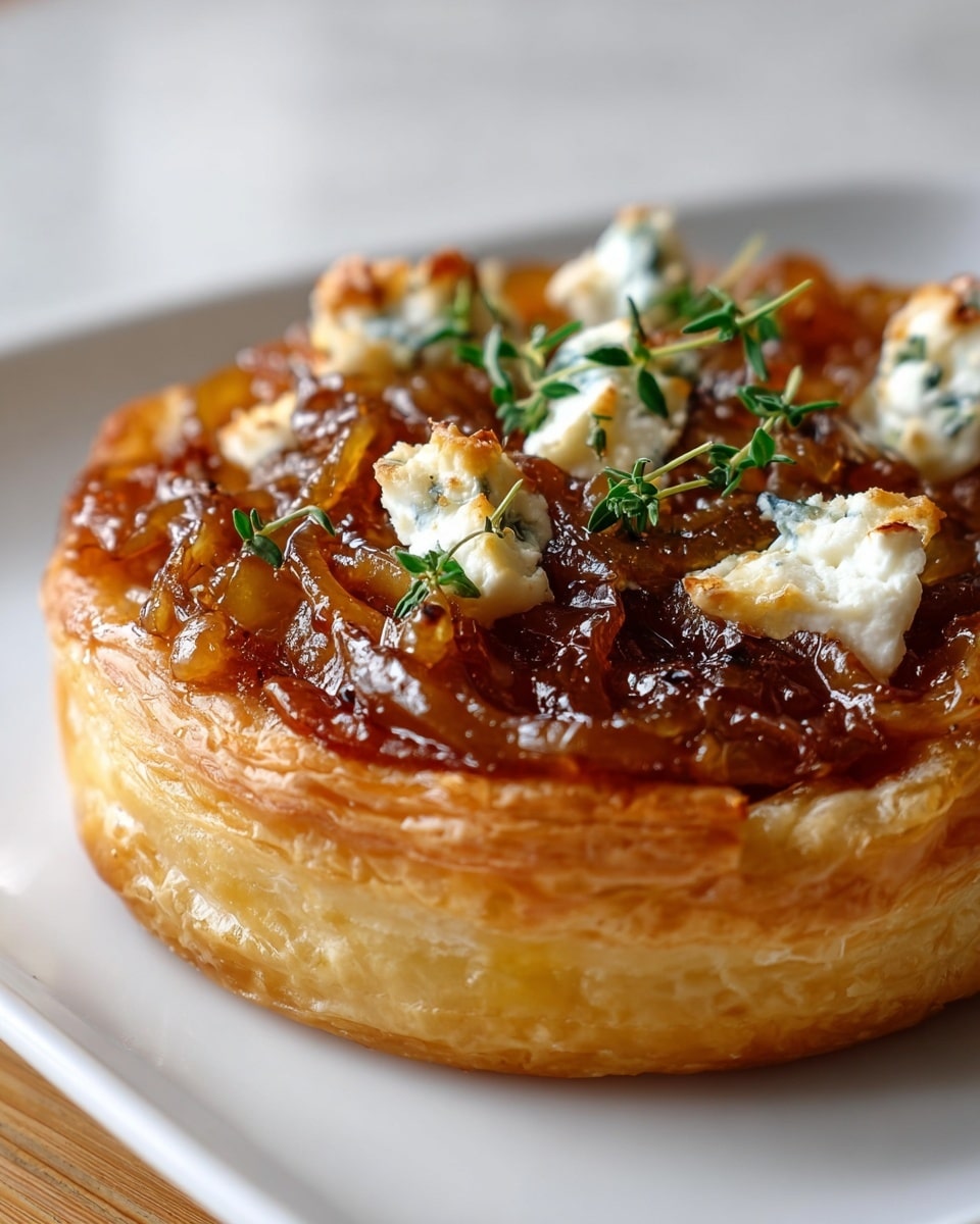 A golden-brown, flaky puff pastry tart is shown on a white plate, set on a white marbled surface. The tart has a single visible layer of caramelized onions, which are dark brown and glossy, spread evenly across the top. Scattered dollops of white cheese are melted lightly on top, adding a creamy texture contrast. Fresh green thyme leaves are sprinkled over the entire tart, adding a touch of color and freshness. One slice of the tart is being lifted, showing the crisp, layered edges of the pastry. Photo taken with an iphone --ar 4:5 --v 7