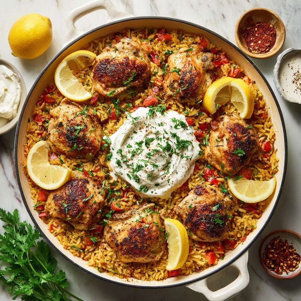 A cast iron pan filled with a base layer of yellowish-orange cooked rice mixed with small red tomato pieces and green herbs spread evenly; on top, there are large browned chicken pieces scattered around, some with dark grill marks. Lemon wedges with a bright yellow color sit evenly spaced on the rice’s surface. In the middle of the pan is a dollop of white creamy sauce topped with green chopped herbs and a sprinkle of black pepper. The pan rests on a white marbled surface with some fresh green herbs around, a whole lemon, and a few small bowls including one with more white sauce and another with red chili flakes. Photo taken with an iphone --ar 4:5 --v 7
