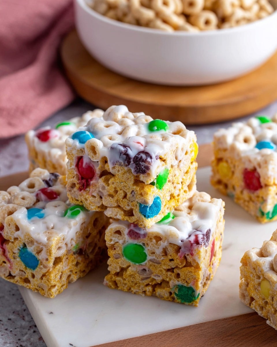 The image shows several square cereal treats stacked closely on a white marbled surface. Each treat has two visible layers: the bottom layer is a golden-yellow cereal base mixed with colorful round candy pieces in red, green, blue, and purple, while the top layer is a shiny, sticky white marshmallow coating that clings to the cereal and candies, giving a gooey texture. The treats are cut cleanly and have a soft, chewy look with the colorful candies peeking through the cereal clusters. In the background, part of a white bowl on a wooden base and a pink cloth are partially visible. Photo taken with an iphone --ar 4:5 --v 7