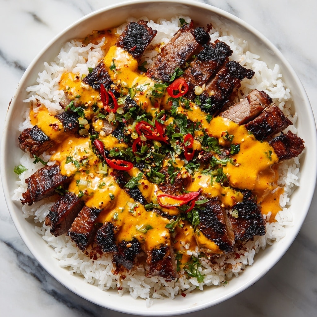 The image shows a white bowl filled with a base layer of white rice, topped with strips of grilled meat that are dark brown with char marks, arranged around the bowl’s edges. On top of the meat, there are dollops of a creamy orange sauce drizzled unevenly, scattered green herbs finely chopped, and small pieces of red chili. The bowl is placed on a white marbled surface. Photo taken with an iphone --ar 4:5 --v 7