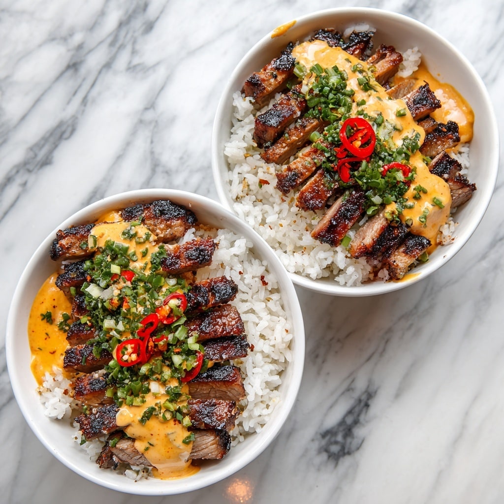 A white bowl filled with a creamy light orange base, topped with several pieces of medium-rare sliced steak showing a pink center and charred edges. Scattered over the steak are small bright green sliced scallions, thin black strips resembling seaweed, and drizzles of a darker orange sauce. The bowl sits on a white marbled surface. Photo taken with an iphone --ar 4:5 --v 7