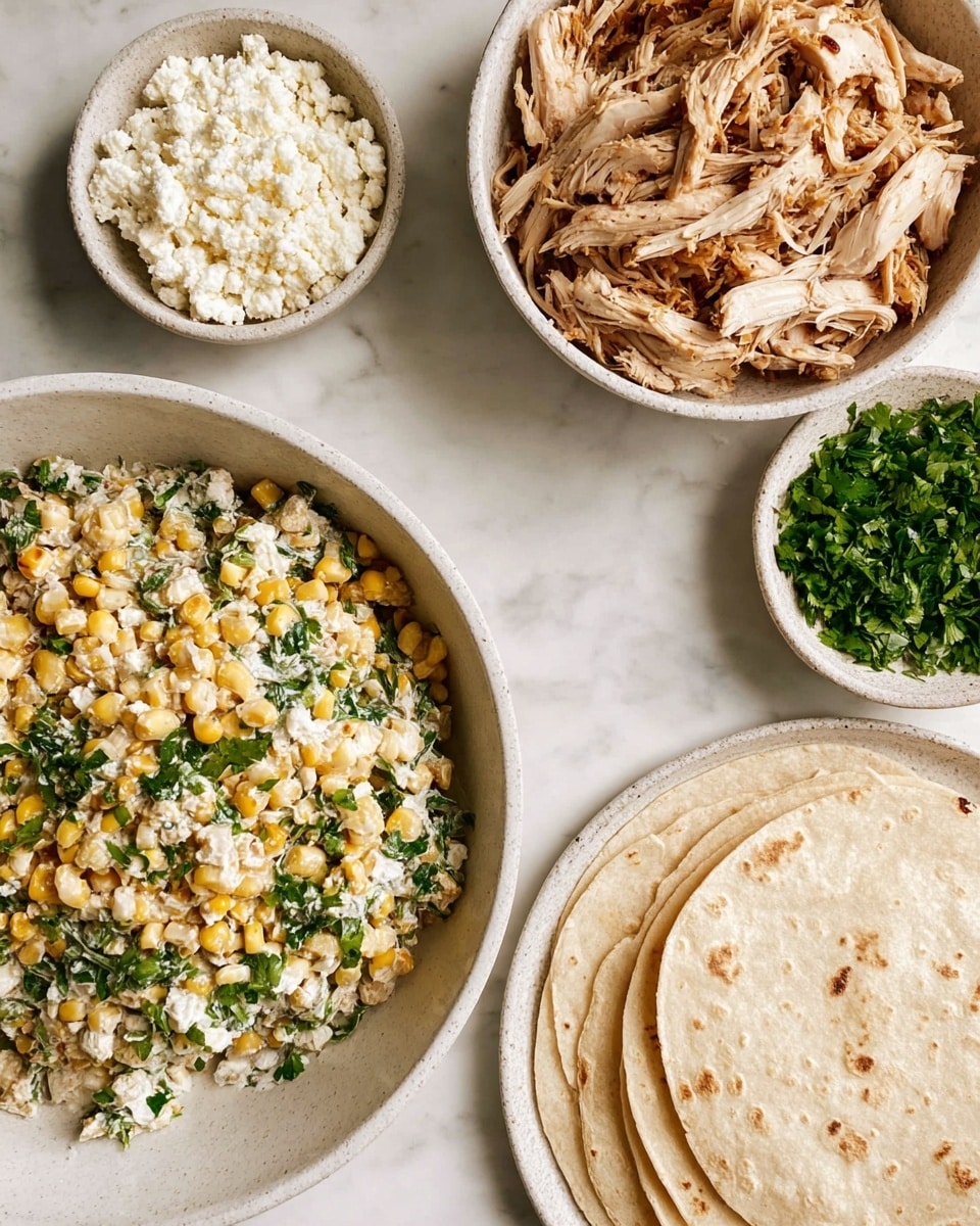 The image shows four white bowls and plates on a white marbled surface. The largest bowl contains three layers: the bottom layer is creamy with white dressing mixed with small green herb pieces covering lightly charred yellow corn kernels, topped with more fresh chopped green herbs, creating a textured look. Another bowl holds shredded, lightly seasoned chicken with a light brown color and soft texture piled high. A smaller bowl contains finely chopped green herbs, with a bright and fresh appearance. The smallest bowl has a layer of white crumbly cheese. Next to these is a plate with a stack of light tan corn tortillas with slight browning on the edges. Photo taken with an iphone --ar 4:5 --v 7