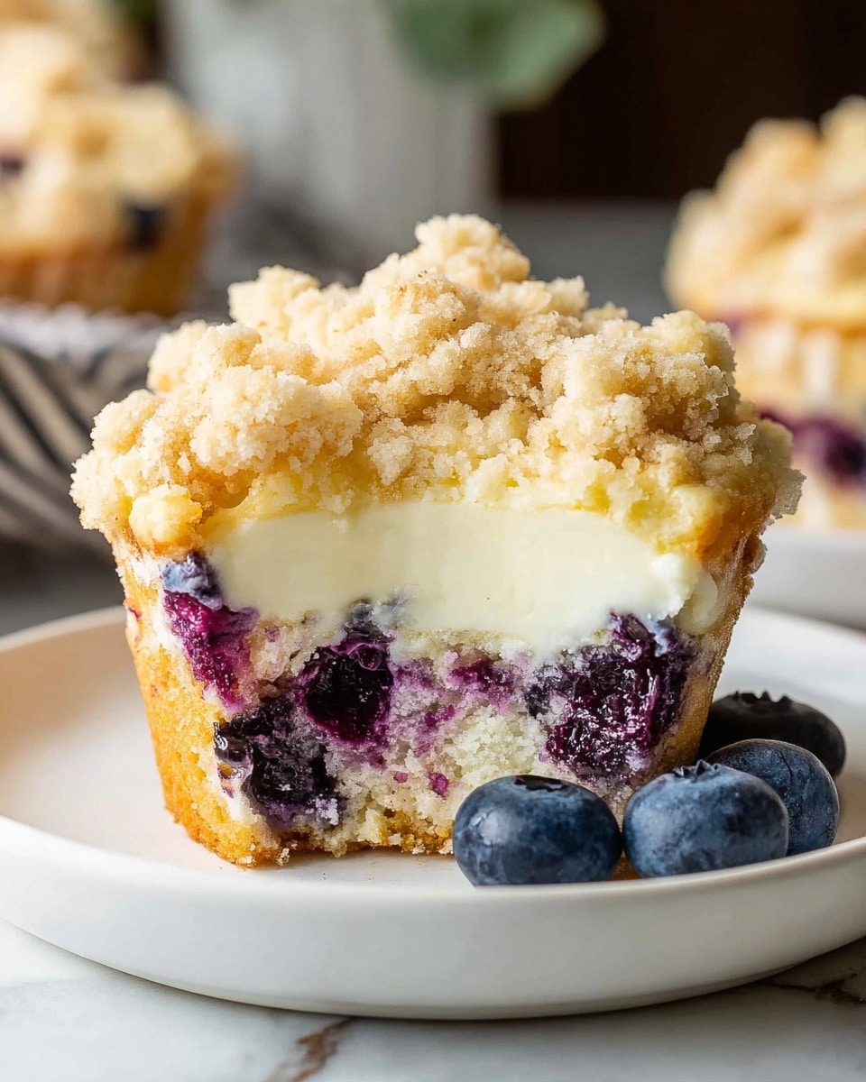 The image shows a close-up of several golden brown muffins in a silver muffin tin. Each muffin has a crumbly, light brown streusel topping that looks crunchy and unevenly spread, revealing small dark purple spots of baked blueberries peeking through the soft yellow muffin batter underneath. The muffins sit snugly in white paper liners inside the tin. A few fresh, plump blueberries rest on a rustic wooden surface near the edge of the muffin tin. The background is a white marbled texture. photo taken with an iphone --ar 4:5 --v 7