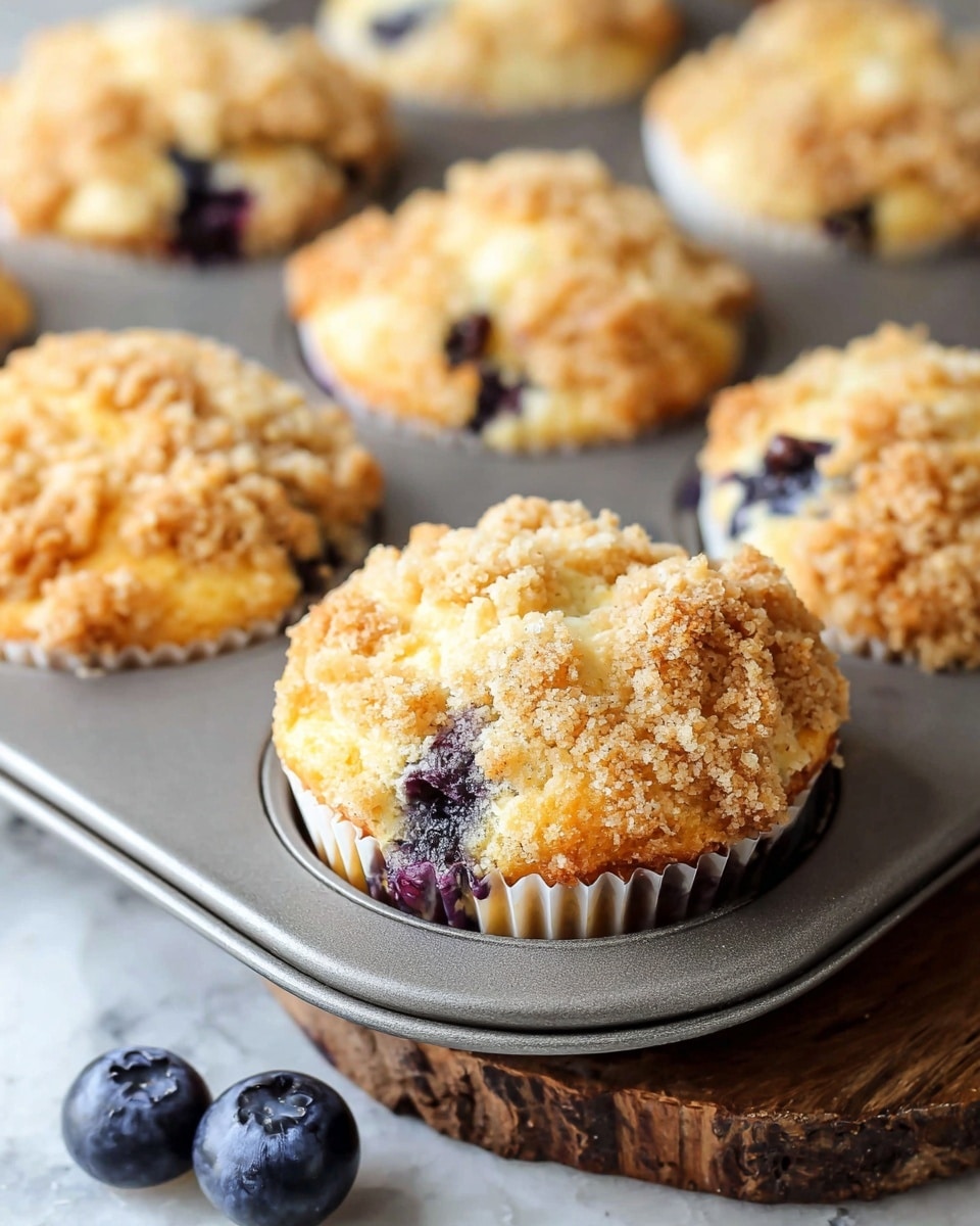 The image shows a close-up of a muffin with three visible layers on a white plate, placed on a white marbled textured surface. The bottom layer is a dense cake base with embedded dark purple and blue blueberry pieces, the middle layer is a creamy white cheese or custard filling, and the top layer has a crumbly, golden brown streusel topping. To the side, a few whole fresh blueberries rest on the plate, adding a pop of color. The background is softly blurred, highlighting the muffin. Photo taken with an iphone --ar 4:5 --v 7