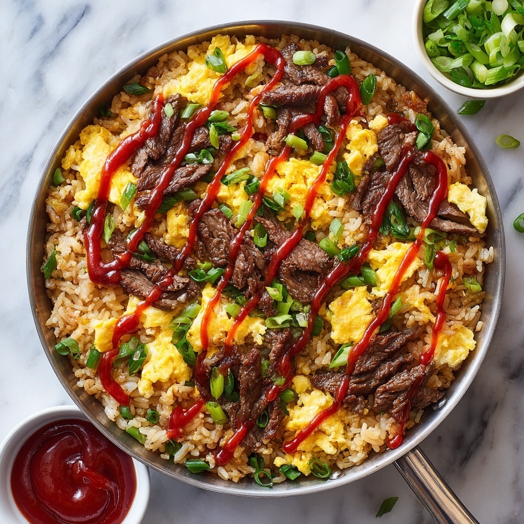 A pan filled with a layered dish of fried rice, scrambled eggs, cooked shrimp, and thin strips of beef arranged evenly across the surface. The base layer consists of light brown fried rice mixed with small chopped green onions scattered throughout. There are soft yellow scrambled eggs in clusters, along with pink shrimp pieces and brown beef strips arranged on top. A bright red sauce is drizzled over the dish in uneven lines. The pan is set on a white marbled surface with a small white bowl of more red sauce nearby, and chopped green onions are scattered on the surface around the pan. photo taken with an iphone --ar 4:5 --v 7