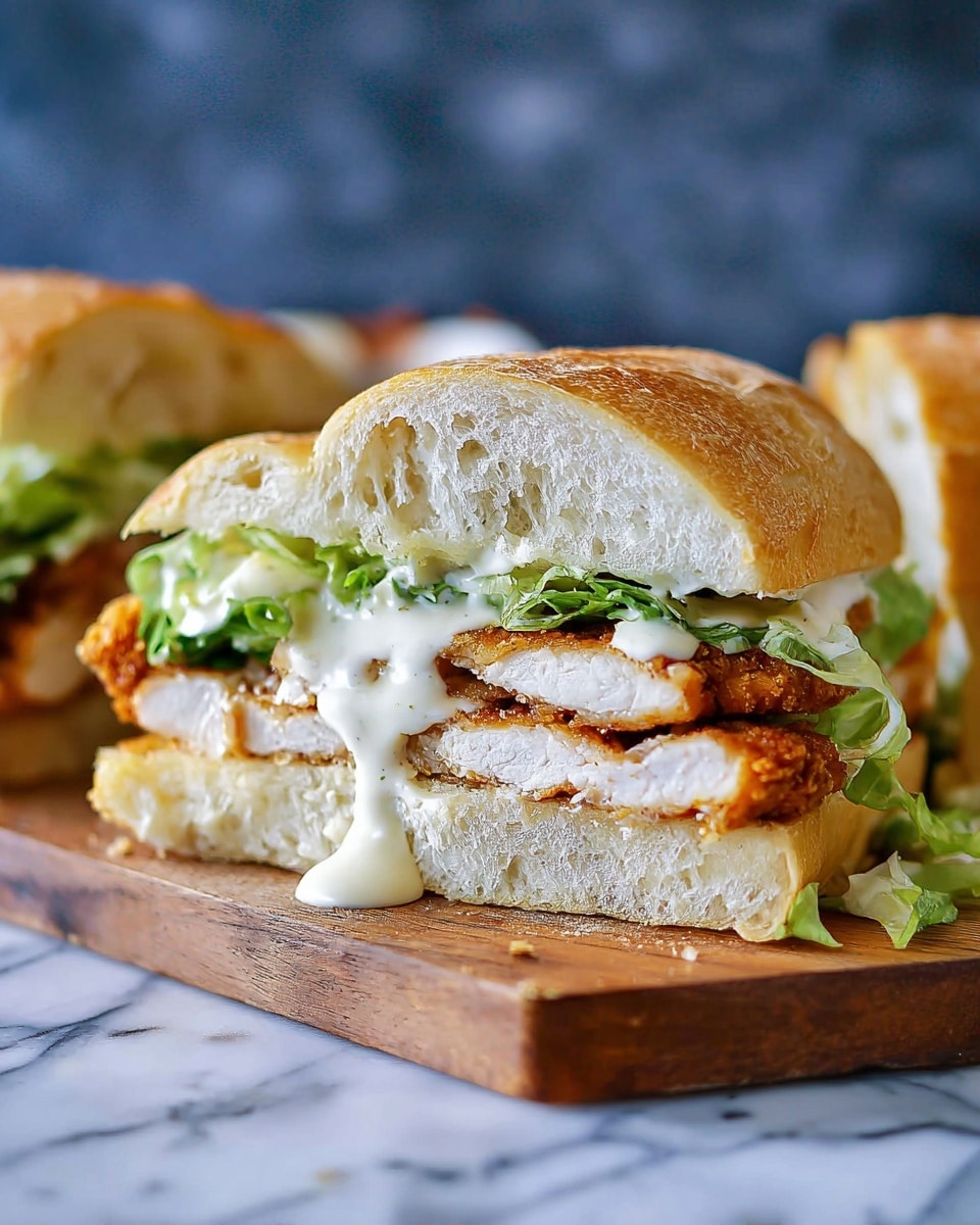 A sandwich with a crusty, light brown baguette sliced open horizontally, layered at the bottom with a crisp, golden-brown fried patty. On top of the patty is a thick layer of shredded green lettuce mixed with a creamy white sauce, slightly spilling out from the sides. The sandwich is set against a blurred background of more bread and wooden containers, all placed on a white marbled surface. Photo taken with an iphone --ar 4:5 --v 7