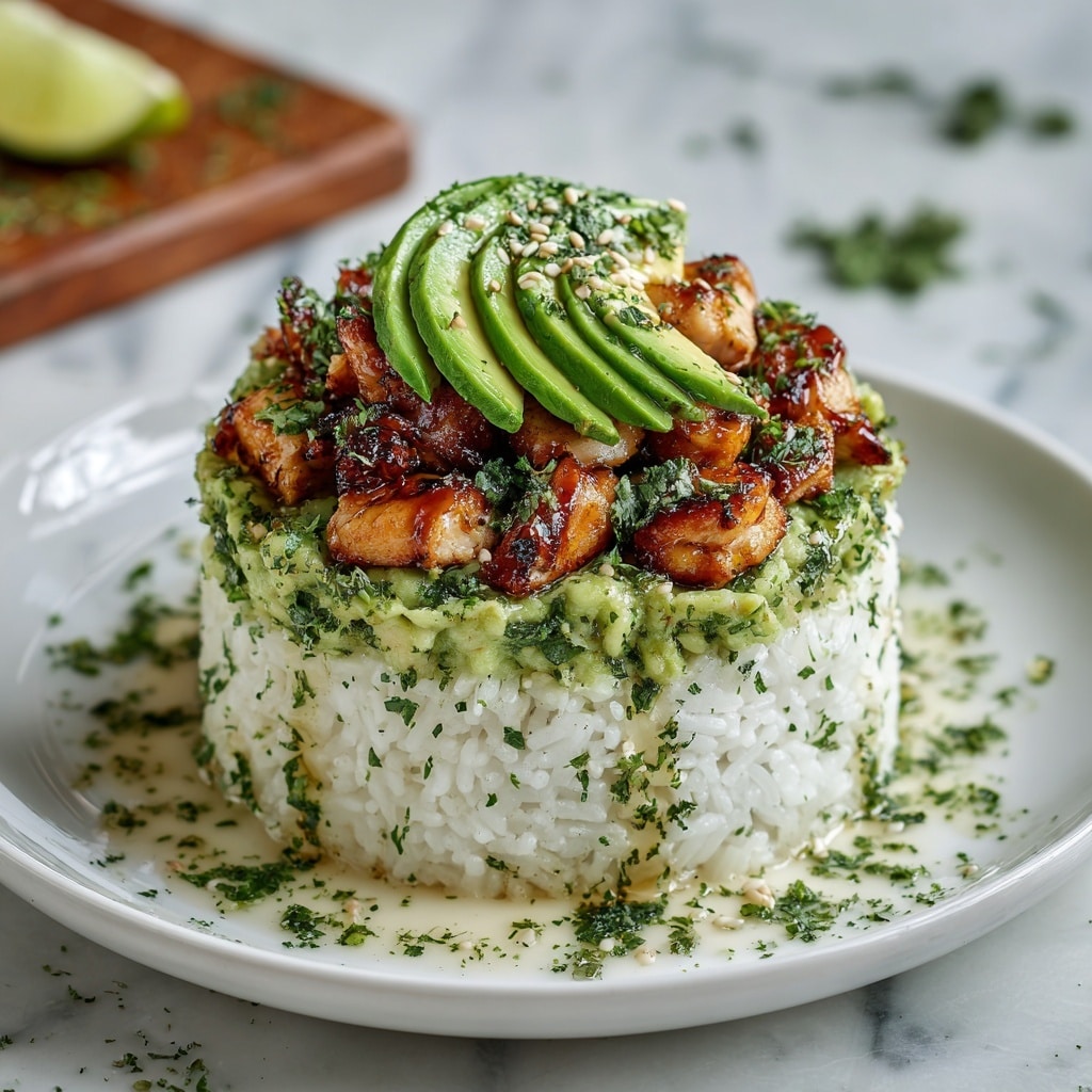 The dish is stacked in four layers, starting with a thick, compact round base of white rice with a smooth and slightly sticky texture. On top of the rice is a chunky green layer of mashed avocado mixed with green herbs, giving it a fresh, rough texture. Above this sits a generous portion of grilled chicken pieces, browned with a slightly charred edge and glistening with a shiny glaze. The final layer features thin slices of bright green avocado fan-shaped and sprinkled with chopped herbs and sesame seeds, all drizzled with a light sauce that runs slightly down the sides. The dish is placed on a wooden surface with a slice of lime nearby and some scattered chopped herbs around. Photo taken with an iphone --ar 4:5 --v 7