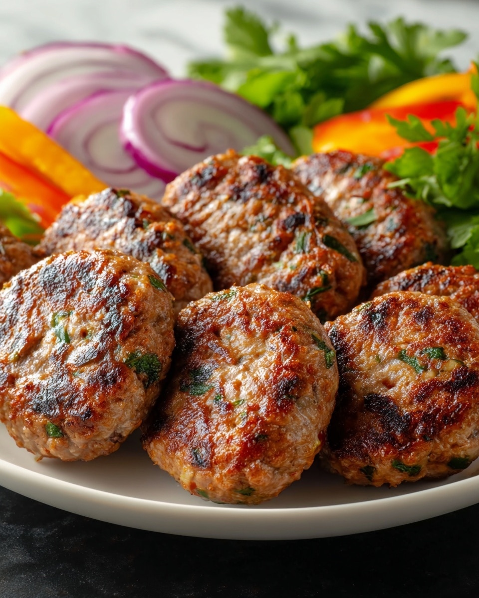 The image shows a close-up of six grilled meat patties arranged on a white plate. Each patty is thick and oval-shaped, with a browned and slightly charred surface showing grill marks. Small bits of green herbs are visible embedded in the patties, adding specks of green to the rich brown texture. In the background, there are slices of grilled yellow and red peppers and a sprig of fresh parsley adding some green color, all resting on a white marbled surface. The meat looks juicy and well-cooked, with a shiny, slightly oily finish. Photo taken with an iphone --ar 4:5 --v 7