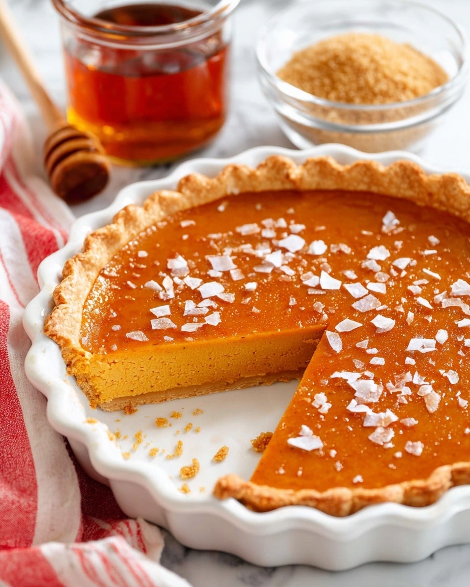 A close-up view of a pie with a golden brown crust and a smooth, orange filling, cut to reveal one thick layer inside. The filling has a glossy surface topped with scattered white flakes. The pie is in a white fluted ceramic dish placed on a white marbled surface with a red and white striped cloth nearby. In the background, there is a glass jar of honey with a wooden dipper and a small glass bowl filled with brown sugar. photo taken with an iphone --ar 4:5 --v 7