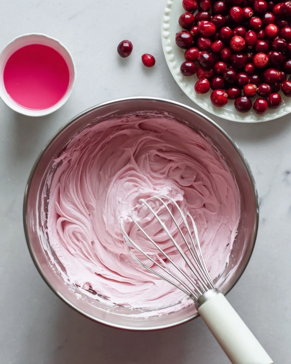 A dessert with three clear layers is shown in a round glass on a white marbled surface. The bottom layer is smooth and white, filling about one third of the glass. Above that is a thicker, pale pink layer that is also smooth and even. The top layer is a darker pink, creamy swirl rising above the rim of the glass. On top of this swirl are small red berries coated lightly with sugar and two fresh green mint leaves. Scattered around the glass are similar red berries and a few small green leaves. In the background, two more glasses show the same dessert, slightly blurred. photo taken with an iphone --ar 4:5 --v 7