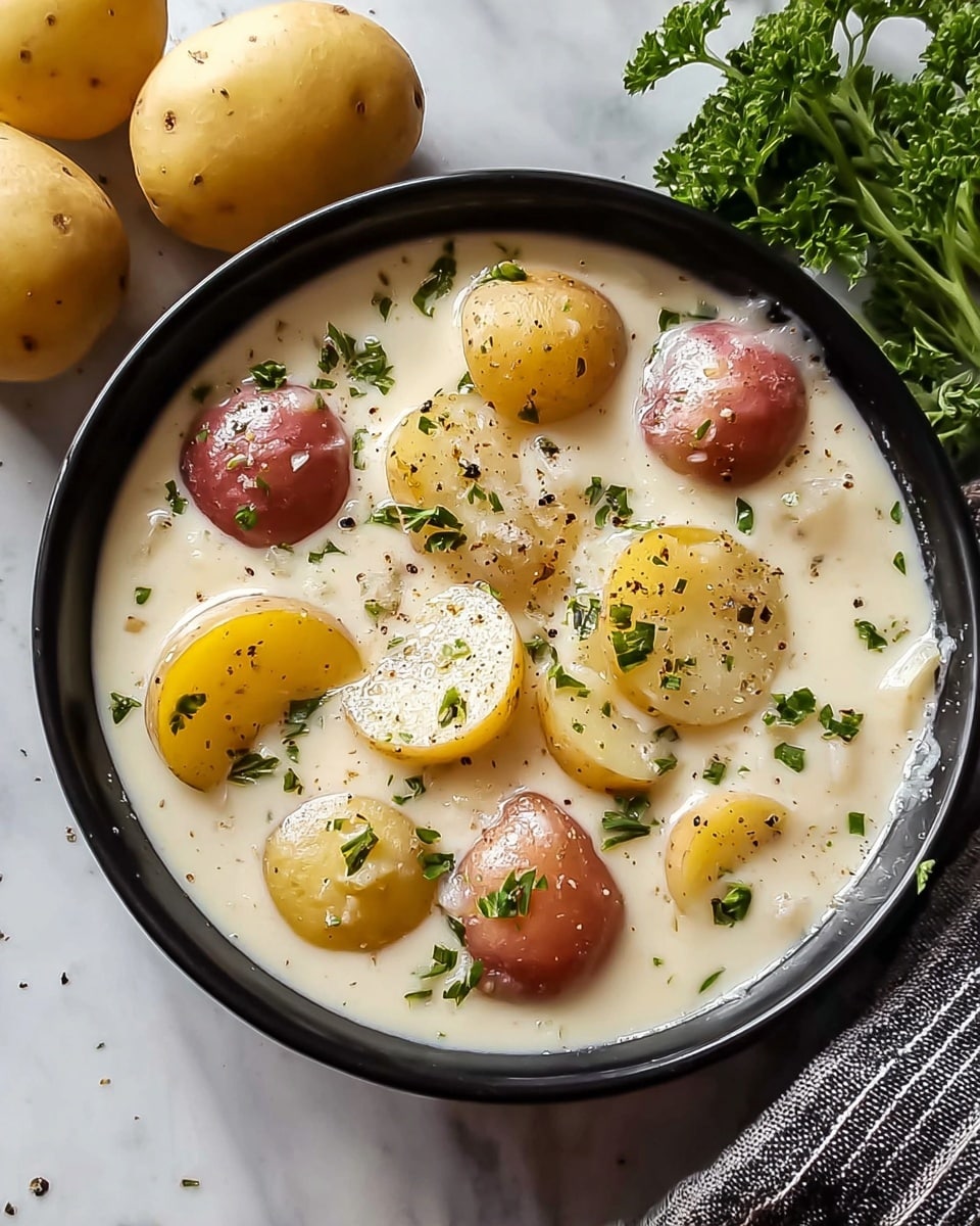 The dish features a black bowl filled with baby potatoes in red and yellow shades, each cut in half and topped with a generous layer of melted white cheese that has a smooth and creamy texture. Small green parsley leaves are sprinkled over the cheese and potatoes, adding bright green color and a fresh look. To the right of the bowl, there is a small wooden bowl containing a coarse black and white seasoning mix, and some scattered black pepper grains are visible on the white marbled surface around the bowl. A few parsley sprigs lie on the white marbled surface nearby. The overall presentation feels fresh and inviting, with warm colors and a clean, white marbled background. Photo taken with an iphone --ar 4:5 --v 7