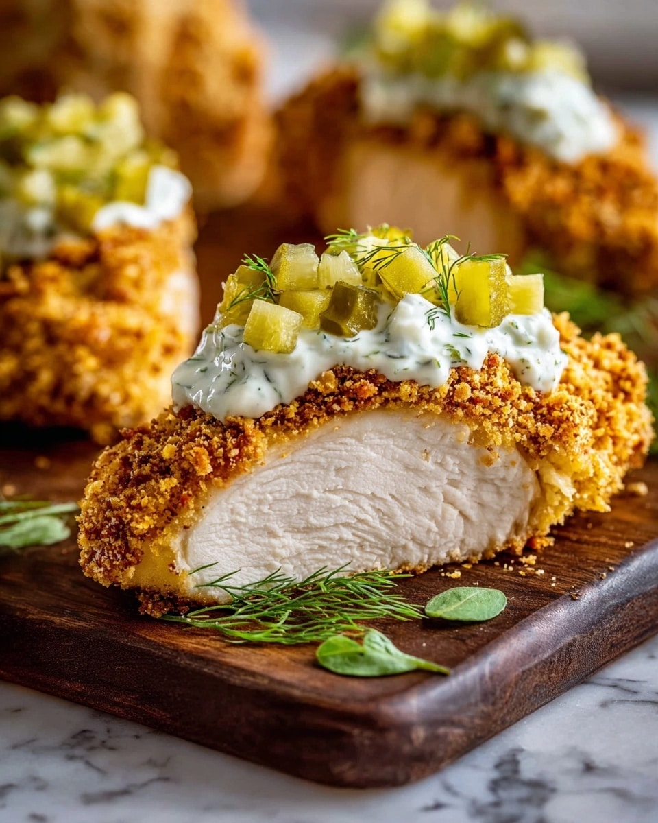 The image shows a golden-brown crumb-coated chicken breast cut in half, revealing its moist and tender white inside. On top of the chicken is a dollop of creamy white sauce mixed with small green herbs, and it is topped with diced light green pickles. Fresh sprigs of dill and small green leaves are placed around the chicken on a dark wooden board, which sits on a white marbled surface. The background is softly blurred with more pieces of the crumb-coated chicken visible. photo taken with an iphone --ar 4:5 --v 7