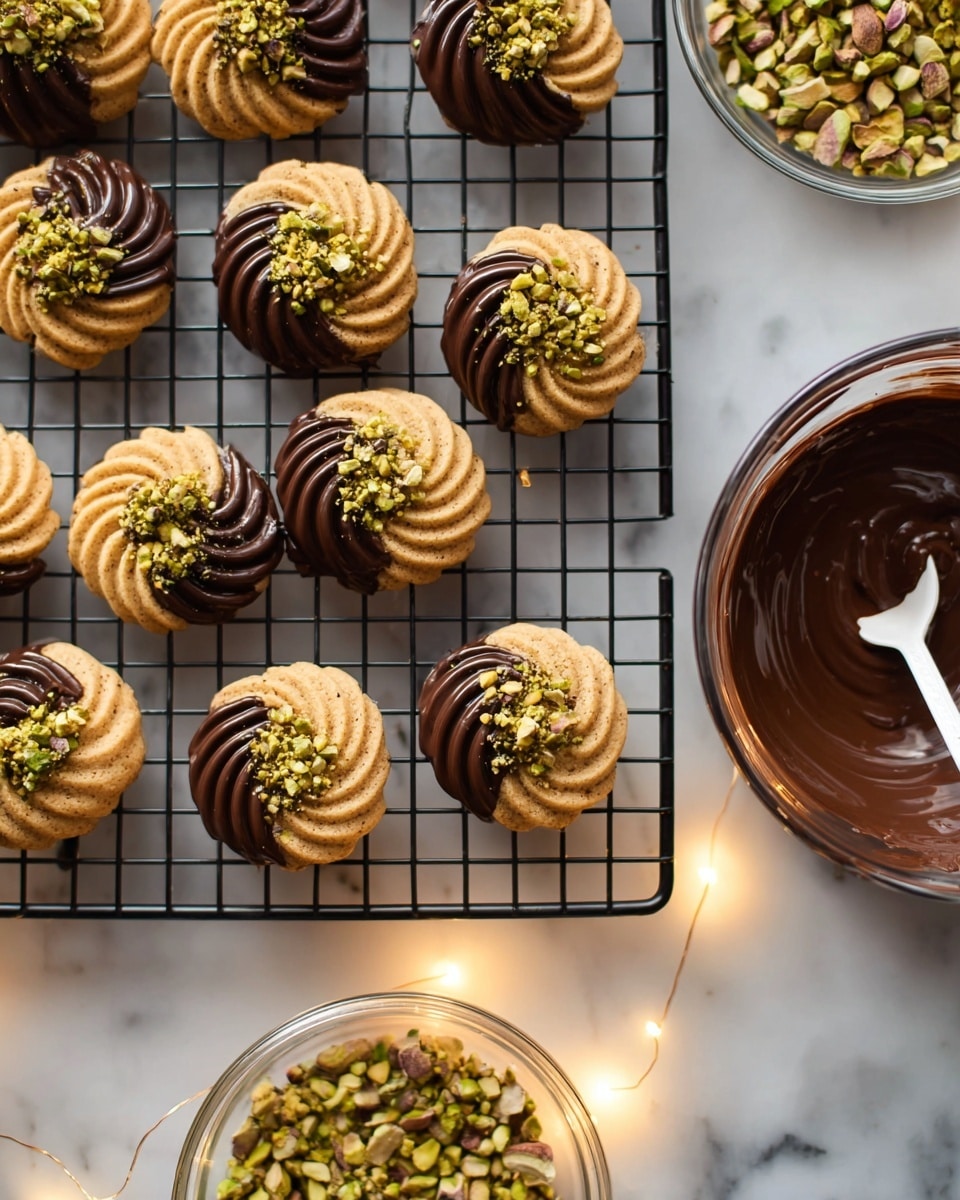 The image shows round cookies with a spiral pattern, golden brown in color, placed on a black wire cooling rack. Each cookie is half dipped in shiny dark chocolate on one side and topped with crushed green pistachio nuts. The cookies have a crumbly texture and a neat swirl design. To the right side of the image, there is a clear glass bowl with melted dark chocolate and a white spoon inside. Below that, there is another clear bowl filled with chopped pistachios. The whole scene is set on a white marbled surface, and warm yellow fairy lights are glowing softly beneath the rack. photo taken with an iphone --ar 4:5 --v 7