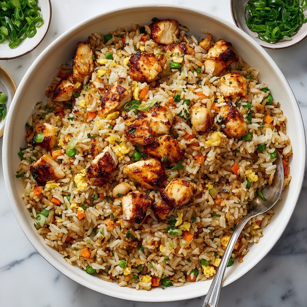 A large white bowl filled with fried rice layered with golden-brown grilled shrimp scattered on top and mixed throughout. The rice is light brown with a mix of small orange carrot pieces, green peas, and bits of scrambled yellow egg spread evenly. A silver spoon rests inside the bowl, partially buried in the fried rice. The bowl is placed on a white marbled surface, with a few small bowls of green herbs and chopped green onions blurred in the background. photo taken with an iphone --ar 4:5 --v 7