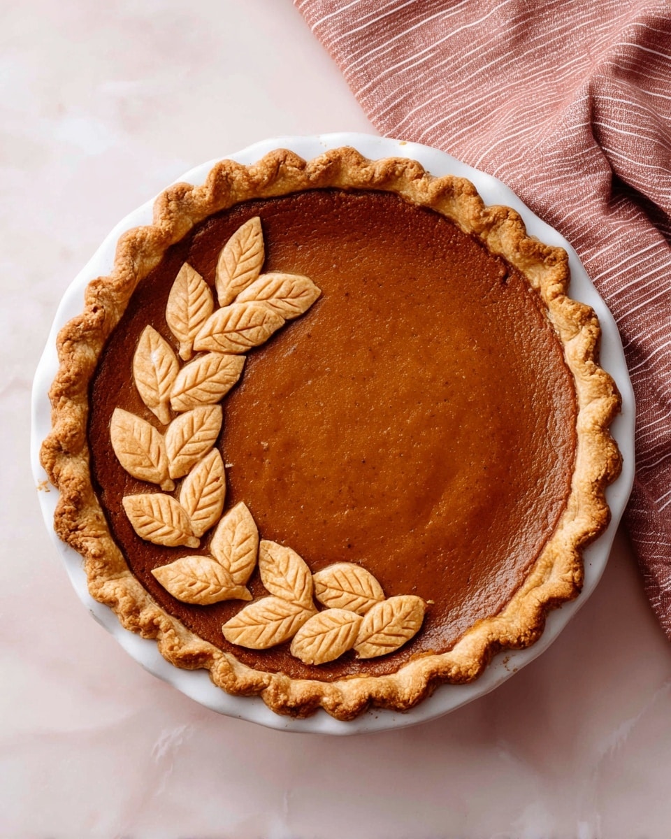 The image shows a pumpkin pie on a white plate with a crimped golden-brown crust around the edges. The pie filling is smooth and deep orange-brown in color with a shiny surface. There are ten small, light brown pastry leaves arranged in a curved line on one side of the pie, each with visible veins for detail. The pie sits on a white marbled surface, and a pinkish-brown and white striped cloth is placed near the top right corner. photo taken with an iphone --ar 4:5 --v 7