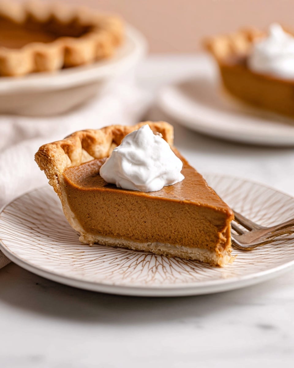 A slice of pie sits on a white plate with a light geometric pattern, showing three visible layers: a thin, golden-brown crust at the bottom, a thick, smooth, medium-brown filling in the middle, and a dollop of white whipped cream on top, slightly pointed at one end. The crust has a flaky texture with a raised edge, and the filling looks creamy and dense. A silver fork rests on the plate near the slice, and the background includes a blurred whole pie and another slice on a white plate, all placed on a white marbled surface. Photo taken with an iphone --ar 4:5 --v 7