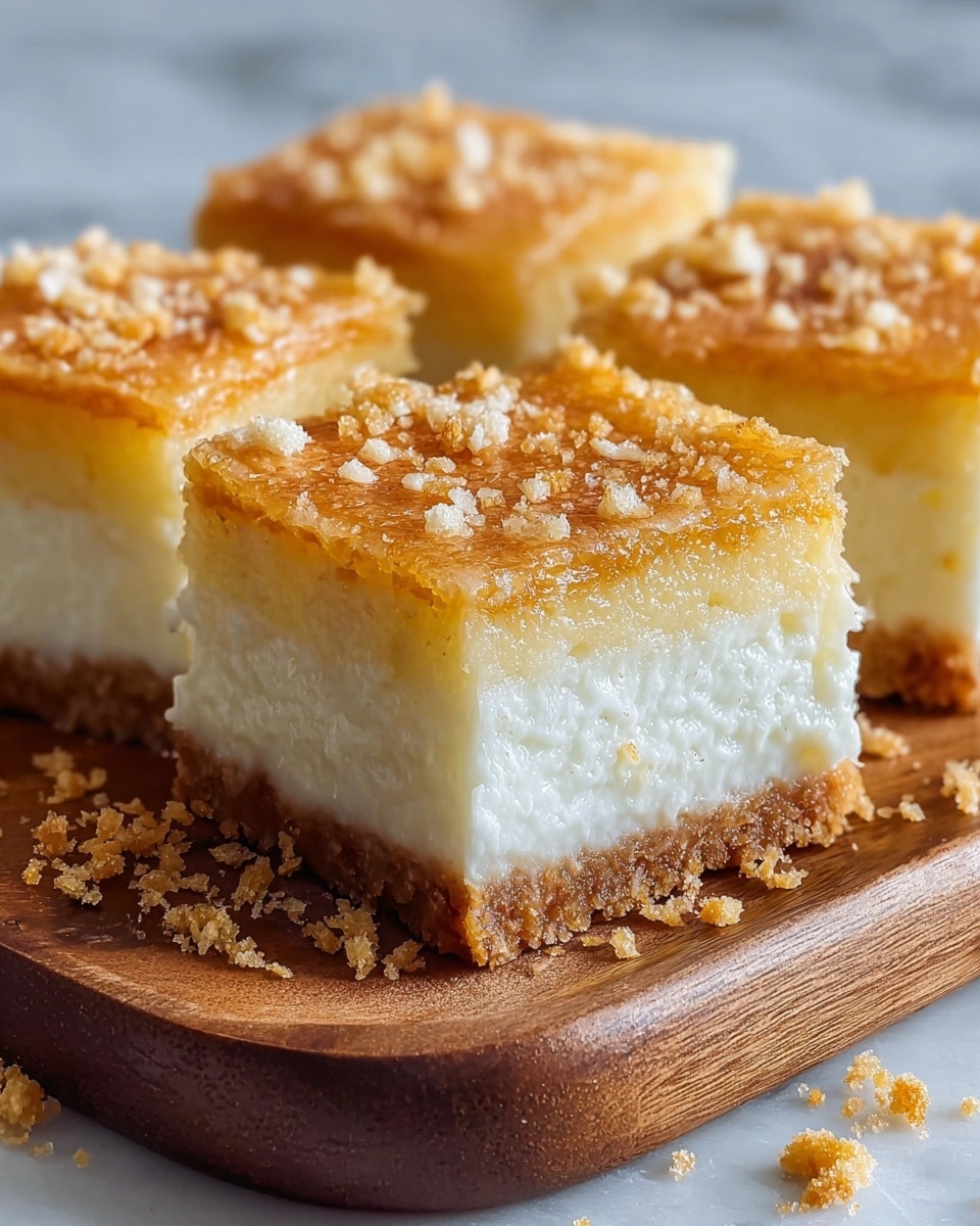 A close-up image of a cut dessert placed on a wooden board, showing three layers: the bottom layer is white and crumbly, the middle layer is thick and smooth with a creamy white color, and the top layer is golden brown with a slightly crispy texture, sprinkled lightly with pale tan small pieces. The dessert squares are thick and soft, with some crumbs scattered around on the board. The board is resting on a white marbled texture. Photo taken with an iphone --ar 4:5 --v 7
