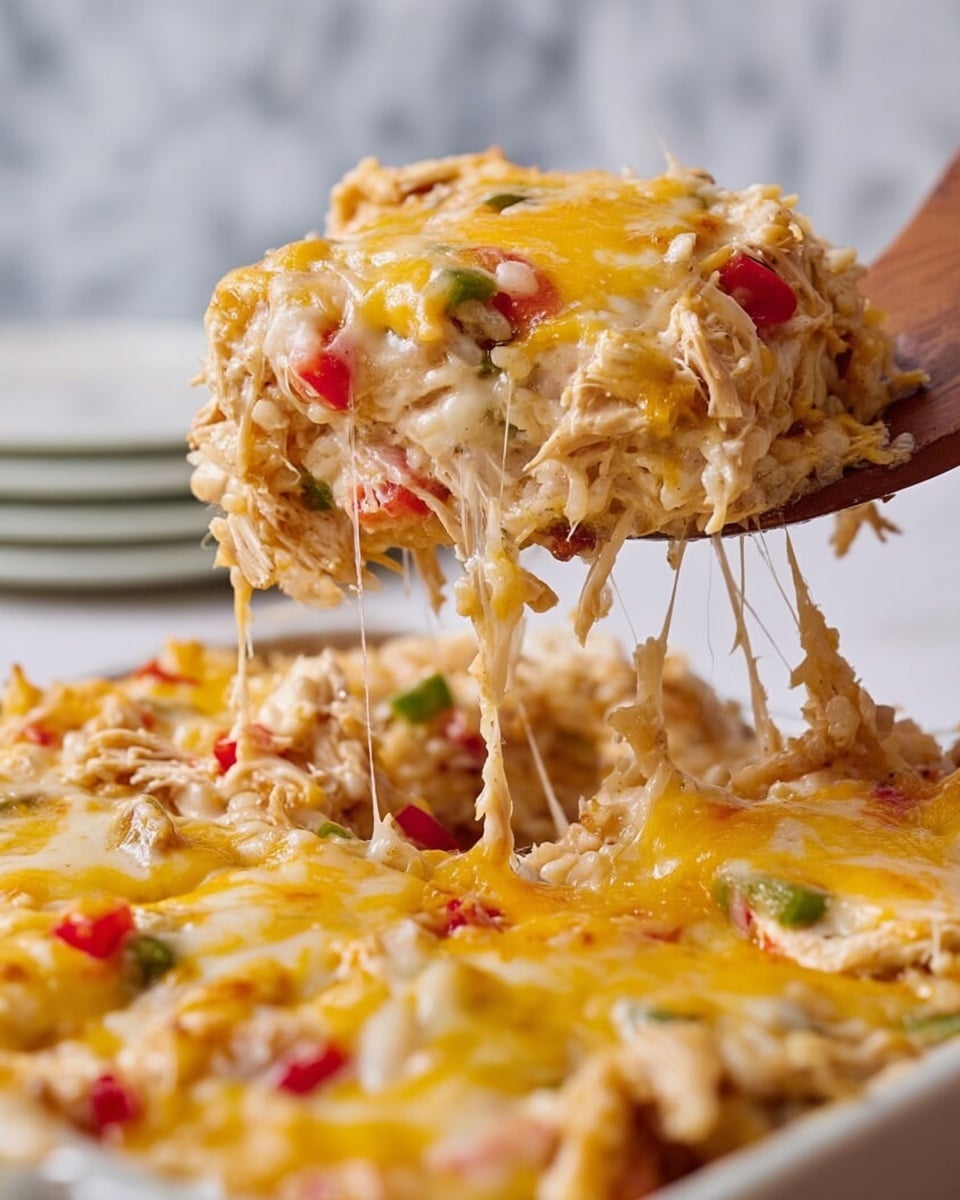 A close-up of a cheesy casserole being lifted with a wooden spatula reveals multiple layers. The top layer is melted golden-yellow and white cheese, thick and stretchy with gooey strands pulling away. Beneath, there is a mix of shredded chicken, soft white rice, and small diced red and green bell peppers, giving a colorful, textured look. The dish is in a white dish with a slightly crispy cheese edge visible, all set on a white marbled surface with a blurred white plate in the background. photo taken with an iphone --ar 4:5 --v 7