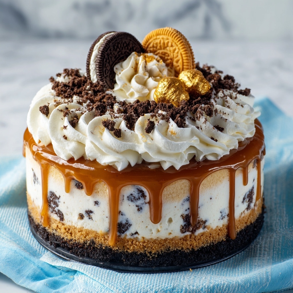 A round cake with three clear layers is shown: the bottom layer is dark brown and crumbly, the middle layer is thick and white with a smooth creamy texture including visible bits inside, and the top layer is a thick dark brown crumb layer. A rich golden-brown caramel sauce drips heavily from the top and sides, pooling slightly around the base. The cake sits on a round wooden board with rough bark edges, placed on a soft blue and white cloth against a white marbled background. photo taken with an iphone --ar 4:5 --v 7