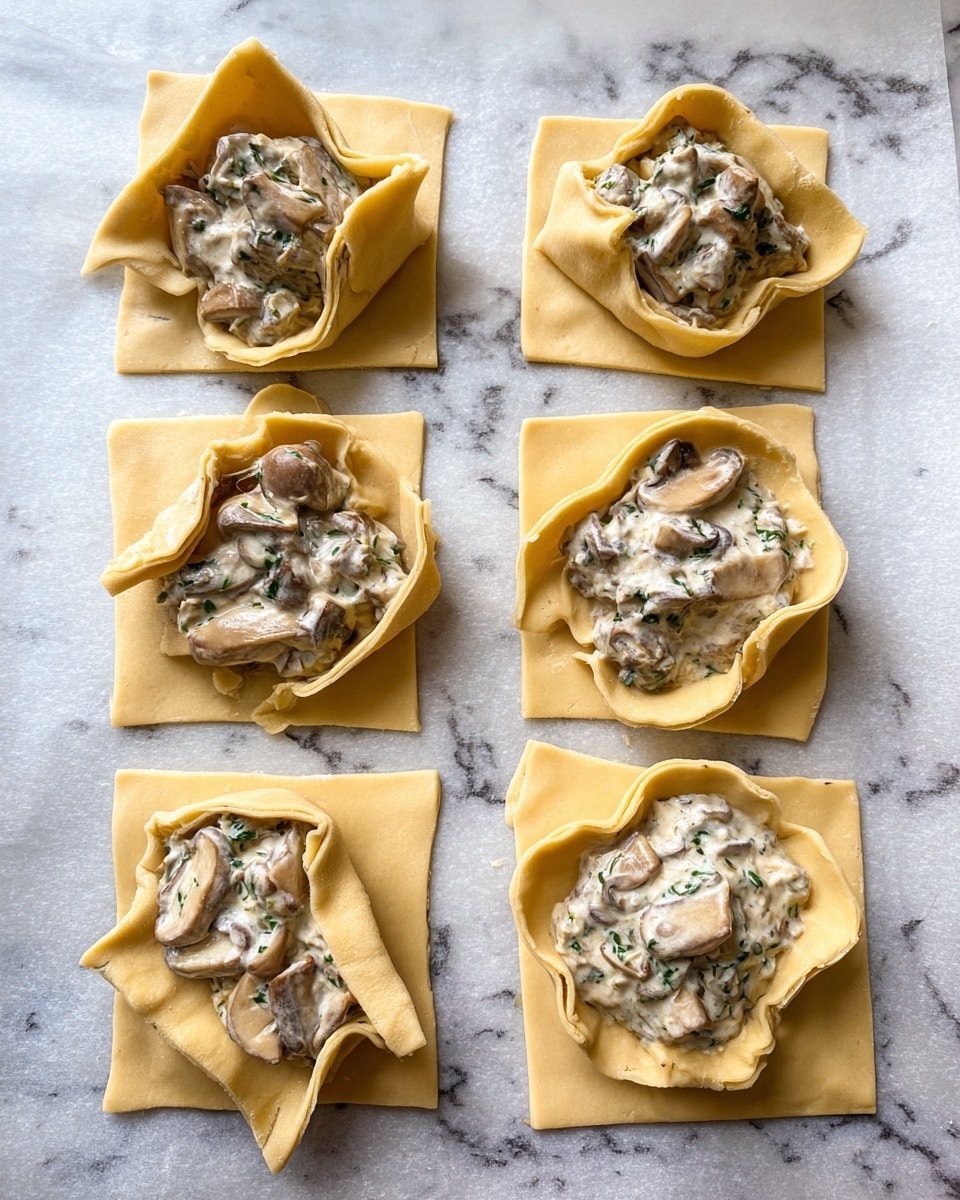 The image shows six pieces of raw dough each shaped into a square or star-like form and placed on parchment paper over a white marbled surface. Each dough piece has a creamy mushroom filling, with visible sliced mushrooms coated in a white sauce mixed with green herbs. The top three dough pieces are folded slightly inward around the filling, creating raised edges with folds and a rough texture, while the bottom three have one or two corners of the dough folded partially over the mushroom mixture, revealing most of the filling in the middle. The dough is pale yellow and smooth in texture, contrasting with the creamy, speckled mushroom filling. photo taken with an iphone --ar 4:5 --v 7