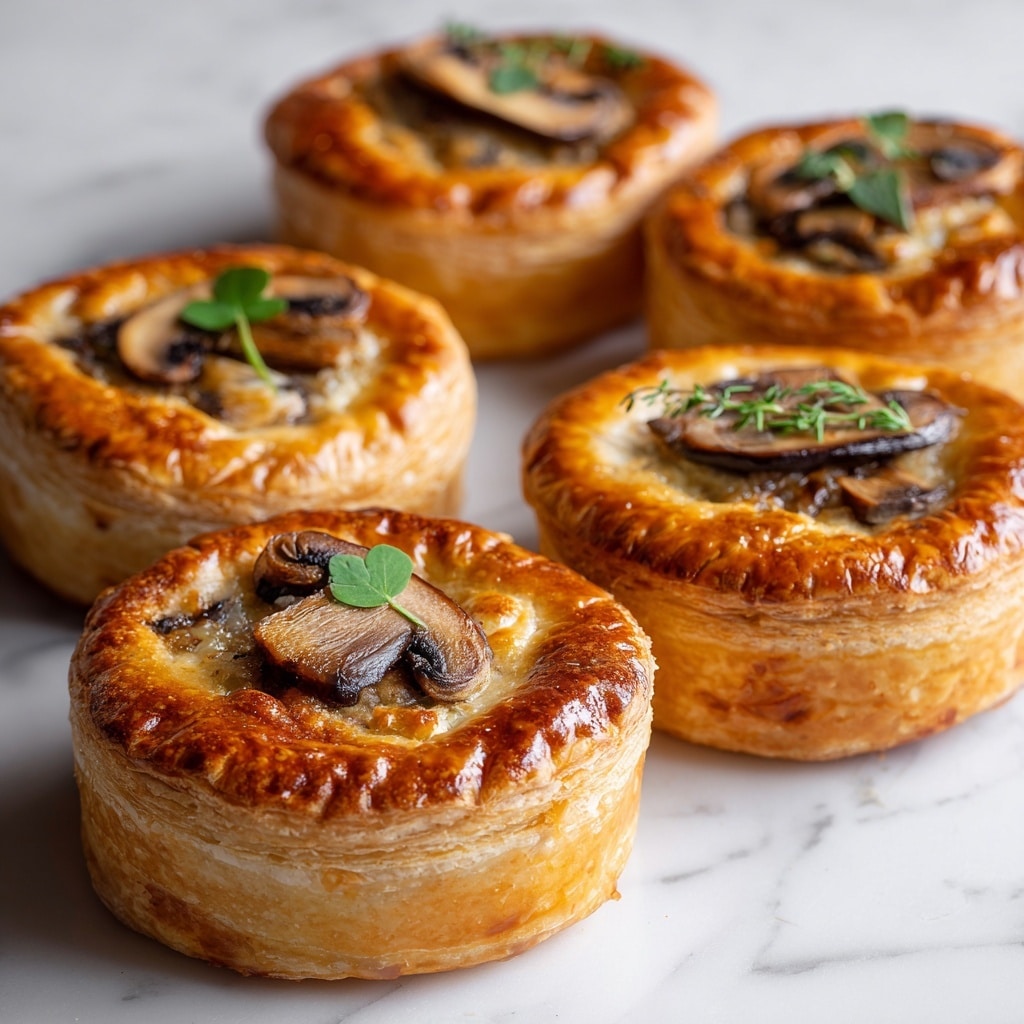 Four small round mushroom pot pies with golden-brown, flaky, layered crusts sit close together on a white marbled texture. Each pot pie is topped with a thin, sautéed mushroom slice and a small green herb sprig. The front pot pie has a cut section revealing smooth creamy mushroom filling with visible mushroom pieces inside. Small scattered salt flakes and green herb sprigs lie on the surface nearby. The soft light highlights the crust's shiny, crisp texture and the creamy filling inside. Photo taken with an iphone --ar 4:5 --v 7