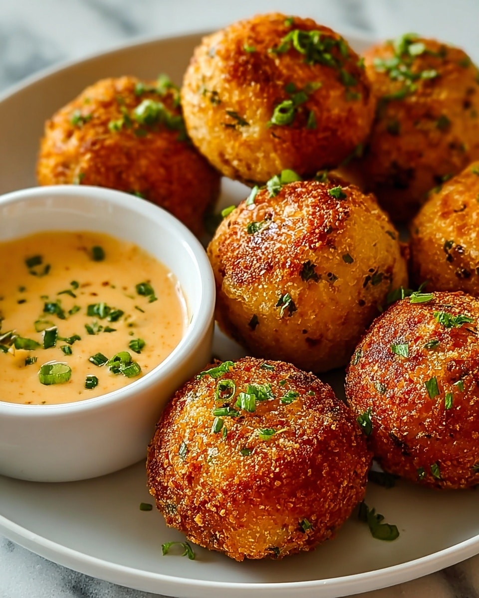 The image shows a white plate filled with seven golden-brown, crispy round balls that look fried with a rough, crunchy texture on the outside, topped with small chopped green herbs. Next to the balls, there is a small white bowl filled with creamy, light orange sauce with visible green herb bits sprinkled on top. The balls vary slightly in size and are arranged close to the bowl, sitting on a white marbled surface. photo taken with an iphone --ar 4:5 --v 7