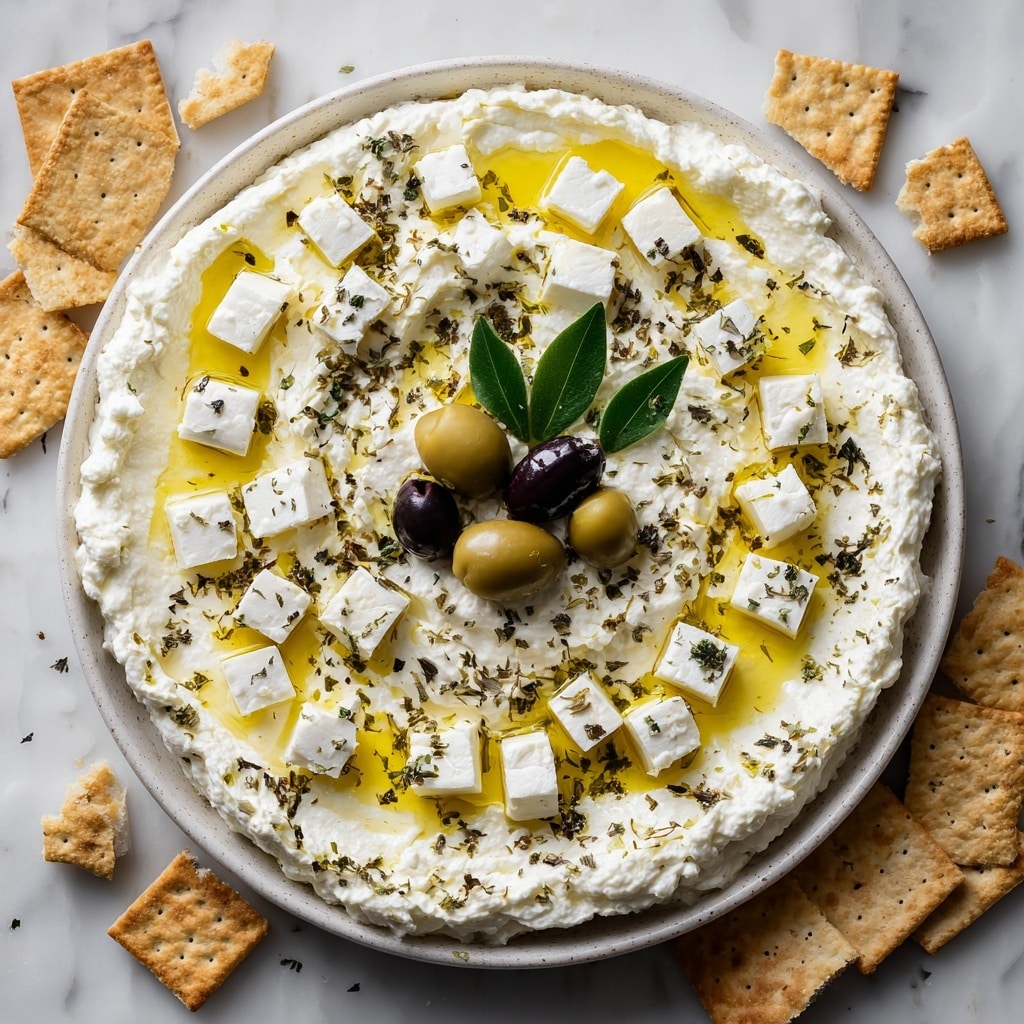 A white bowl filled with a creamy, chunky mixture of white cheese blended with green herbs, drizzled with golden olive oil, and sprinkled with red spices and chopped green herbs on top. A toasted slice of bread, golden brown with a slightly darkened edge, is dipped into the mixture on the left side of the bowl. In the blurred background, several more toasted bread slices are stacked, all resting on a white marbled surface. photo taken with an iphone --ar 4:5 --v 7