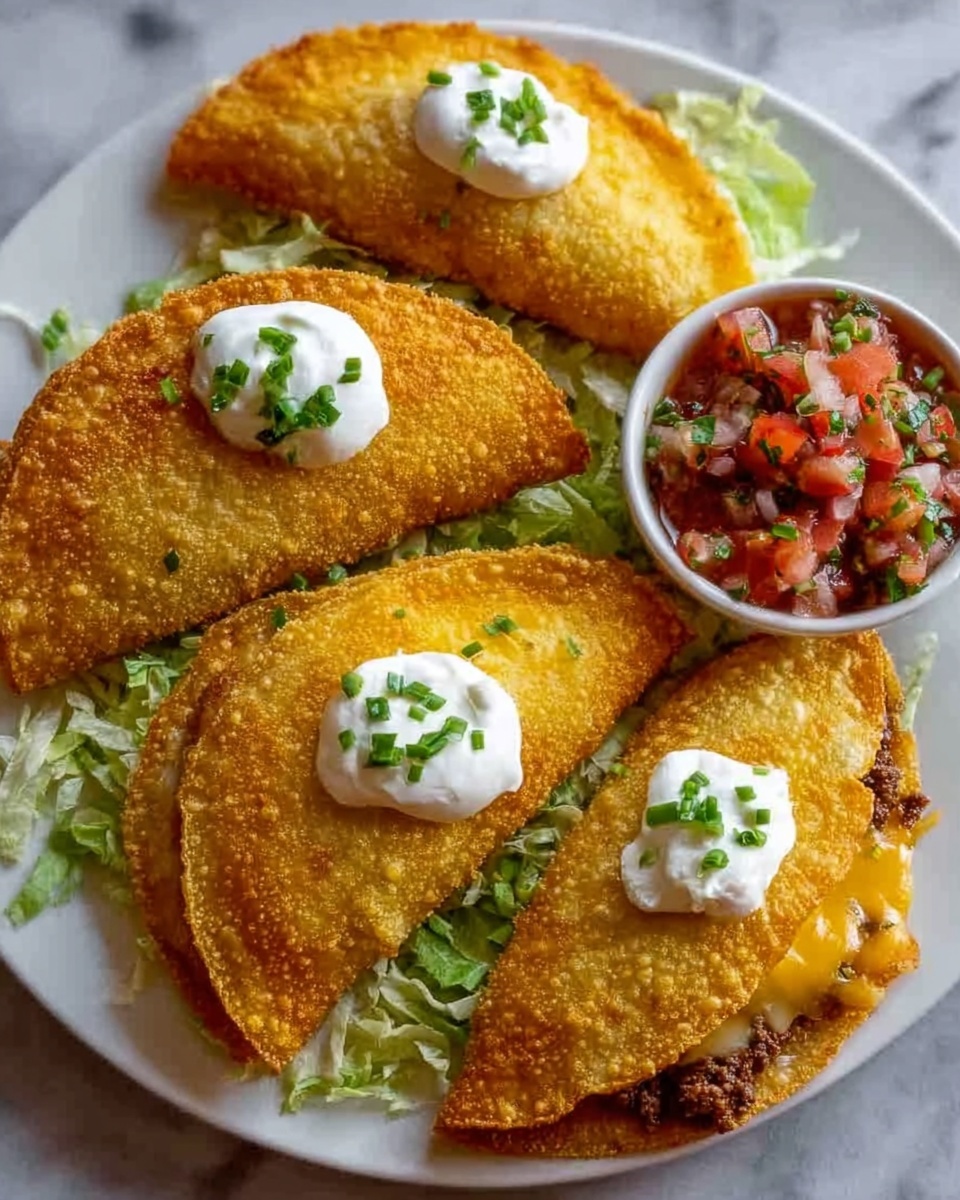 The image shows a white plate with four crispy fried tacos arranged in a circular pattern on a bed of shredded lettuce. Each taco shell is golden brown and crunchy with a textured surface. Three tacos have a dollop of white sour cream topped with small green chopped herbs placed near the center of their folded shell. One taco at the bottom right shows melted yellow cheese and seasoned ground beef filling slightly visible from the open side. A small white bowl filled with red salsa containing diced tomatoes, onions, and green herbs is placed in the top right corner of the plate. The plate is set on a white marbled texture surface. photo taken with an iphone --ar 4:5 --v 7