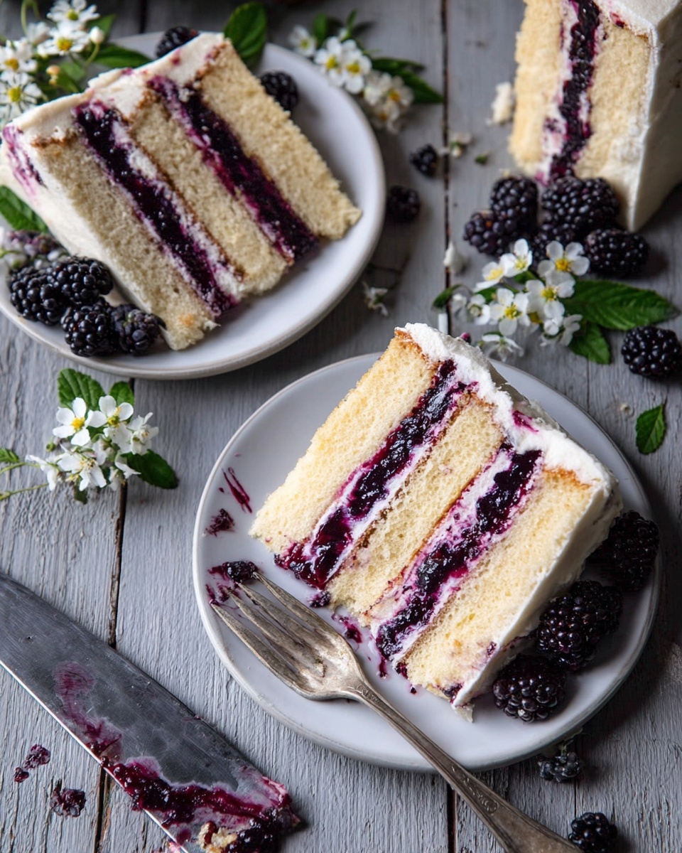The image shows a small round cake with two visible layers covered in smooth light pink frosting, which has a slightly textured, swirled look all around the cake. On top, there is a ring of piped frosting rosettes in the same pink color, each topped with a fresh blackberry, adding dark purple color and a bumpy texture. The cake sits on a wooden cake stand with a natural brown color, set on a white marbled surface. A small cluster of green leaves is placed near the bottom right corner of the stand. The photo taken with an iphone --ar 4:5 --v 7