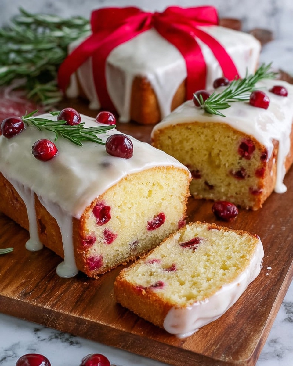The image shows two small rectangular cakes placed on a wooden board over a white marbled texture surface. Each cake has one thick layer of light golden cake with red cranberry pieces inside and is topped with a thick white icing layer that drips slightly over the sides. One cake is whole with two red cranberries and a green rosemary sprig placed on top, while the other is partially sliced revealing its inside and topped with white icing. The background includes green and white Christmas ornaments on a white marbled texture and red and white felt balls among green rosemary sprigs around the cakes. A white ceramic container and a red ribbon are also visible in the background. Photo taken with an iphone --ar 4:5 --v 7