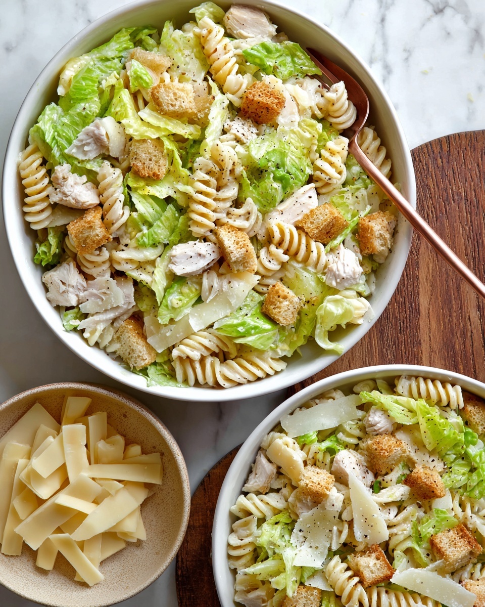 Two white bowls are filled with a pasta salad featuring three main layers: the bottom layer has light green lettuce leaves, the middle layer contains creamy white rotini pasta spirals mixed throughout, and the top layer is scattered with golden brown croutons, small chunks of cooked white chicken, and thin pale yellow cheese slices. The salad is dressed with a light creamy sauce and sprinkled with black pepper. A fork with a rose gold handle rests inside one bowl, and next to the bowls sits a small beige bowl filled with extra pale yellow cheese slices, all placed on a white marbled surface. photo taken with an iphone --ar 4:5 --v 7