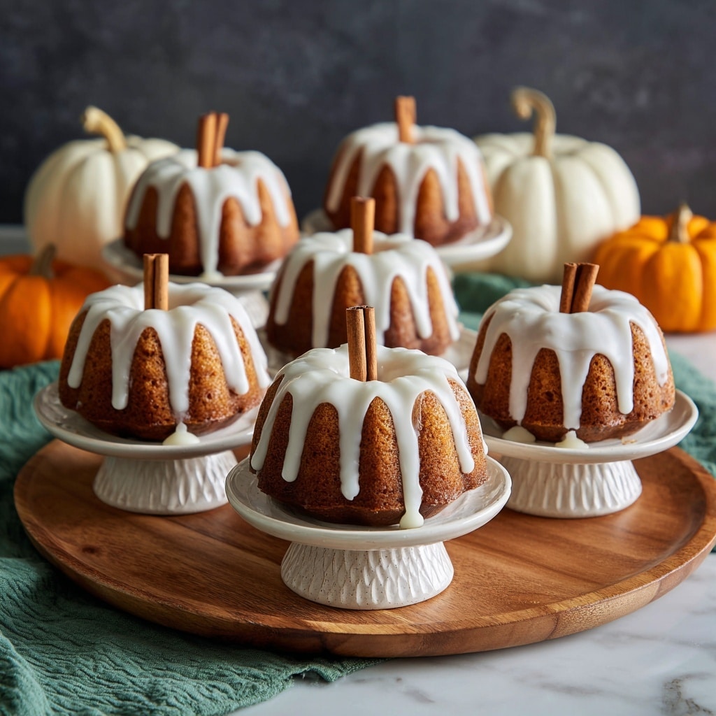 The image shows six small pumpkin-shaped bundt cakes arranged on white small cake stands on a wooden tray. Each cake is a warm brown color with a thick white icing dripping over the top edges. There is one cinnamon stick inserted vertically into the center top of each cake, making them look like pumpkins with stems. The stands have textured rims and are evenly spaced, five of them at the front and one on a higher cake stand at the back. In the background, there are some small white and orange pumpkins placed against a dark backdrop, and the whole scene is set on a white marbled surface with a green textured cloth partly visible. photo taken with an iphone --ar 4:5 --v 7