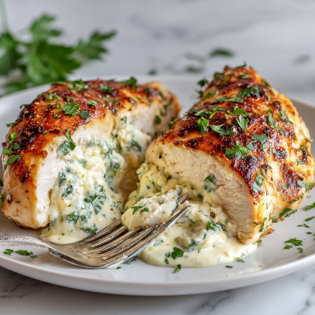 Two cooked chicken breasts split open and filled with a creamy white cheese mixture that has small green herbs inside. The chicken is golden brown on top with some darker grilled spots, and sprinkled with fresh green chopped parsley. The chicken rests on a simple white plate with a shiny fork holding open one piece, showing the thick, soft filling layered between each side. Small pieces of parsley are scattered on the plate and inside the creamy cheese mixture. The background is a white marbled texture. photo taken with an iphone --ar 4:5 --v 7