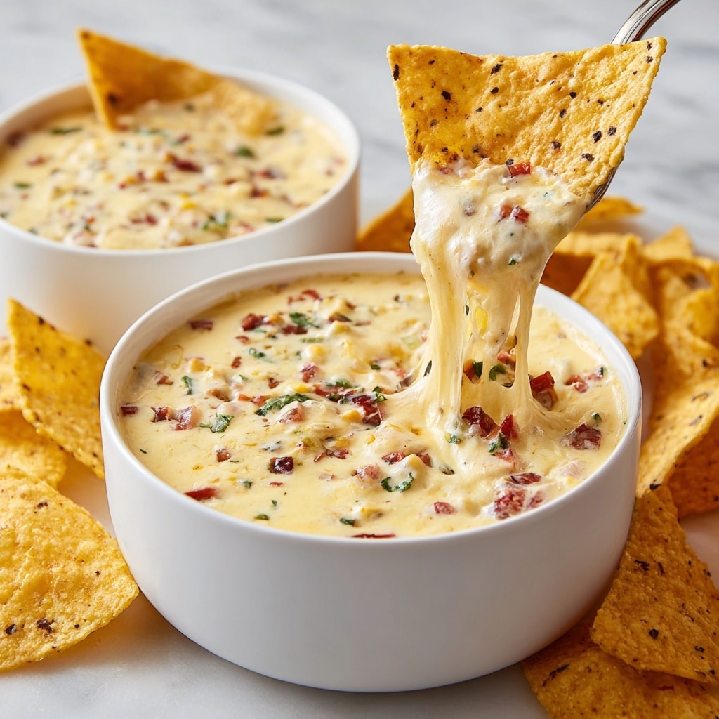 A white bowl filled with creamy cheese dip that is light yellow with visible small pieces of red, green, and orange ingredients mixed throughout, creating a speckled texture. Some of the melted cheese is stretching as a spoon lifts a chunky scoop from the bowl. Around the bowl, there are many yellow tortilla chips with black specks. The setting has a white marbled surface. photo taken with an iphone --ar 4:5 --v 7