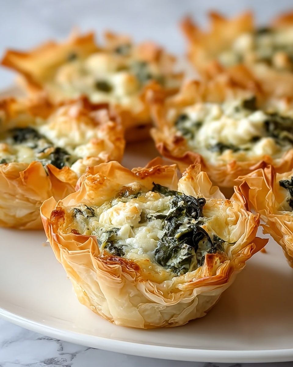 The image shows a close-up view of several mini spinach and cheese tarts arranged on a white plate. Each tart has a crispy, golden-brown, flaky outer shell made of multiple thin layers of phyllo dough, with the edges slightly curled and uneven. The filling inside is a creamy mix of melted white cheese and cooked spinach, with dark green bits of spinach visible throughout. The cheese has a slightly bubbly and browned texture on the top, adding a rich look to the tarts. The plate is placed on a white marbled surface, and the focus is mainly on the nearest tart with the others softly blurred in the background. Photo taken with an iphone --ar 4:5 --v 7