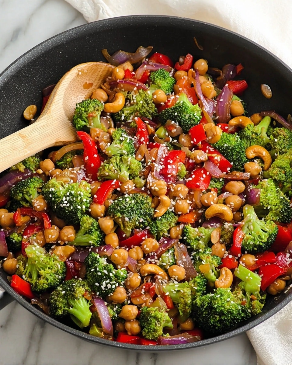 A close-up view of a black skillet filled with a colorful stir-fry dish composed of three main visible layers: bright green broccoli florets scattered throughout, light brown chickpeas evenly spread, and chunks of red bell pepper and purple onion mixed in. There are also light brown cashew nuts and sprinkled white sesame seeds on top, adding texture. The skillet is placed on a white marbled surface, with a light wooden spoon resting inside the pan on the left side. Photo taken with an iphone --ar 4:5 --v 7