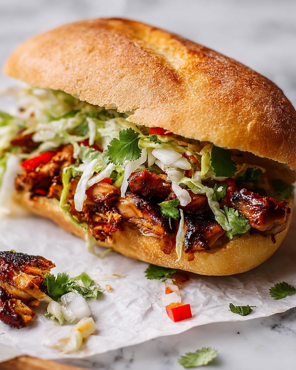 A close-up of a grilled chicken sandwich on a white sandwich roll, sliced lengthwise and filled with several layers. The bottom layer shows grilled chicken pieces with crispy, charred edges and a juicy white inside. On top of the chicken, there is a layer of fresh green cilantro leaves and slices of creamy light green avocado. Above the avocado, there is a mix of red and green ingredients including a red sauce or salsa that adds a rich color contrast. The top half of the sandwich roll is golden brown and slightly crispy. The sandwich sits on a white marbled surface with some cilantro leaves scattered around. photo taken with an iphone --ar 4:5 --v 7