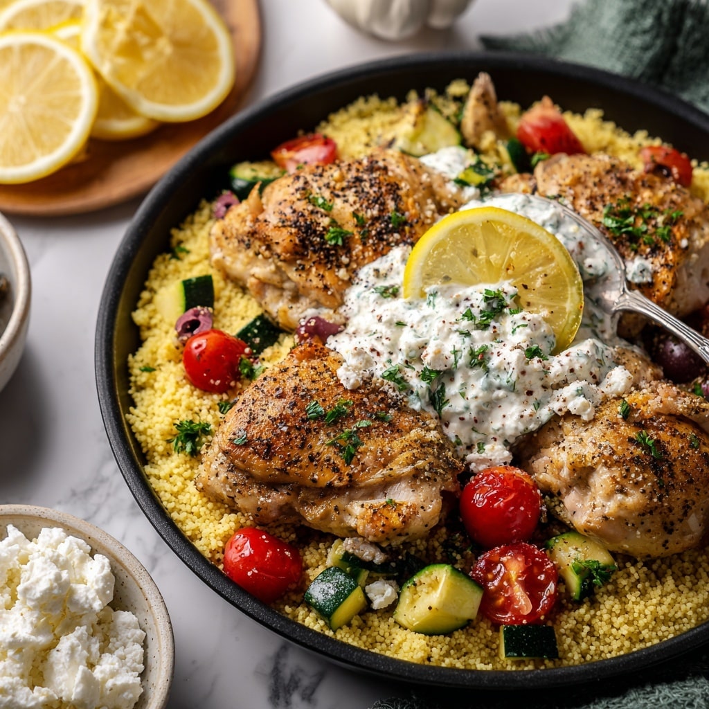 A black pan on a white marbled surface holds a dish with a base layer of fluffy yellow couscous. On top, there are five golden-brown cooked chicken thighs, each sprinkled with black pepper and fresh chopped green herbs. Scattered throughout are small bright red cherry tomatoes and sliced green zucchini pieces. There are also black olives and small crumbles of white feta cheese spread over the dish. Lemon slices with herbs rest on top, adding a fresh touch. Around the pan, there is a wooden board with three lemon slices and green parsley, a white plate stacked with forks, a bowl of cherry tomatoes, two shallots, and a small white bowl filled with feta cheese. A beige napkin with a green edge is near the pan. The setting is lit softly, enhancing the colors. photo taken with an iphone --ar 4:5 --v 7