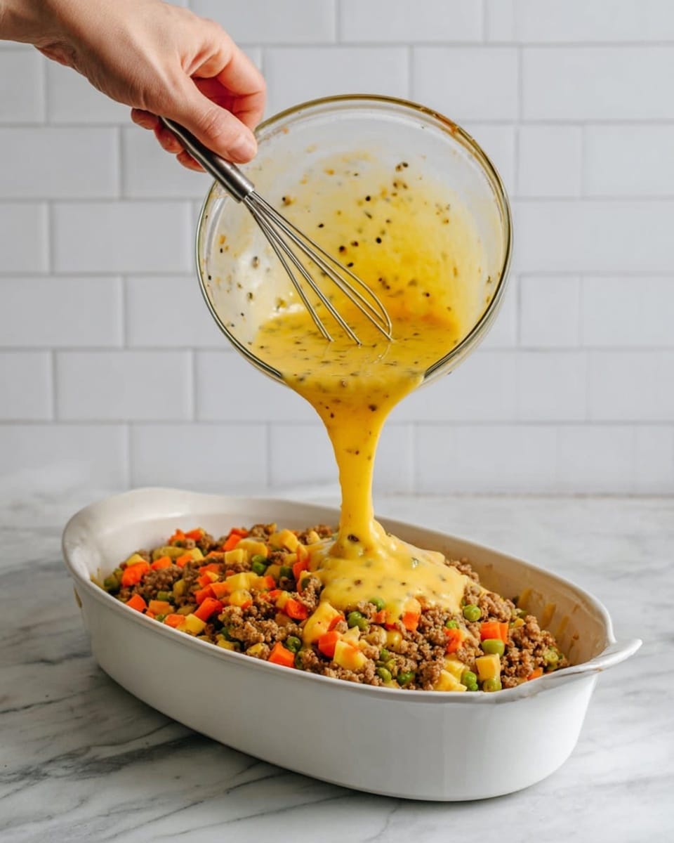 The image shows a close-up of a baked casserole in a white rectangular dish. The top layer is golden-brown and topped with scattered red bell pepper pieces, browned ground meat bits, and finely chopped green herbs. The casserole surface has a slightly uneven texture with visible melted cheese and small pools of oil. The dish rests on a green cloth, and the background features a white marbled texture. photo taken with an iphone --ar 4:5 --v 7