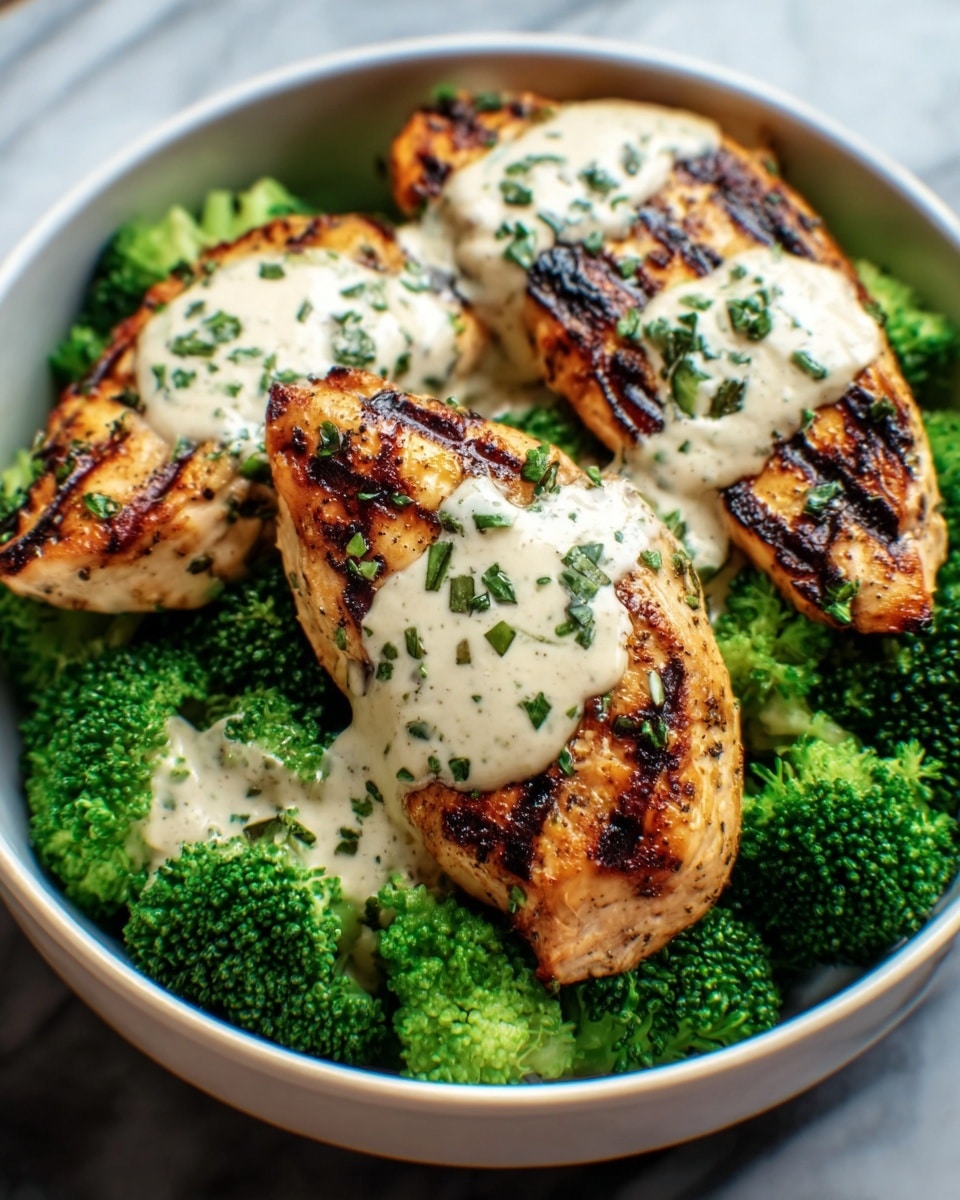 The image shows three pieces of grilled chicken with clear char marks, placed on a bed of bright green broccoli florets. Each piece of chicken is topped with a creamy white sauce that has green herb pieces sprinkled on top. The chicken and broccoli are served in a white bowl on a white marbled surface. The colors contrast well, with the dark grill marks on the chicken standing out against the light sauce and vibrant green broccoli. Photo taken with an iphone --ar 4:5 --v 7