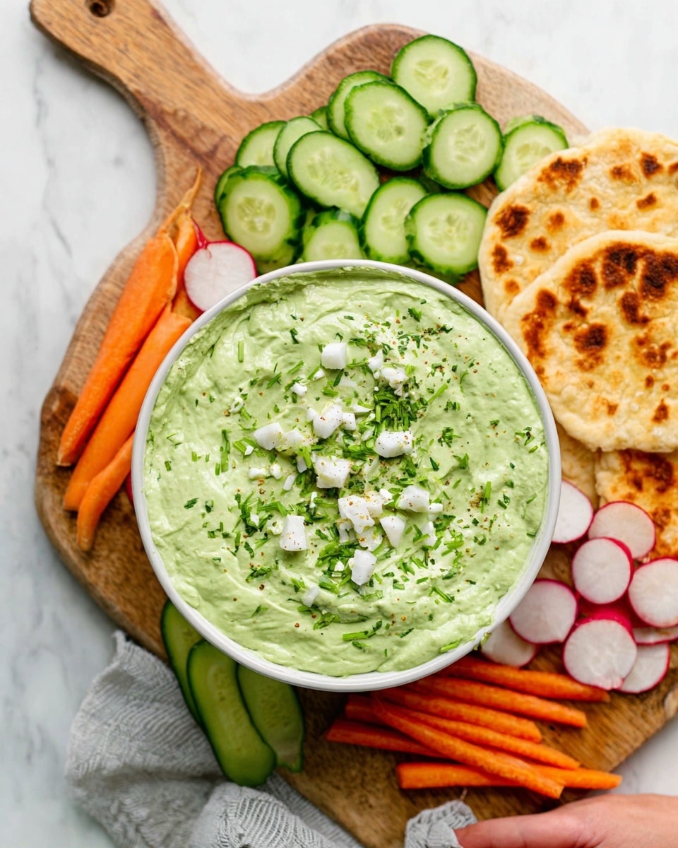 The image shows a white bowl filled with green creamy dip, topped with small white onion pieces and chopped herbs. The bowl is placed on a wooden cutting board. Around the bowl, there are fresh sliced cucumbers with a green and light green pattern, bright orange carrot sticks, and red radish pieces with white centers. Behind the bowl, there are three pieces of flatbread with a toasted golden brown color. The board rests on a white marbled surface. A woman's hand is seen gently holding the edge of the board. Photo taken with an iphone --ar 4:5 --v 7